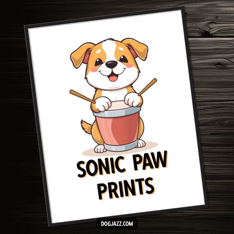 Funny Dog Digital Art Print: A dynamic dog unleashes musical energy by enthusiastically playing drums, perfect for wall decor.