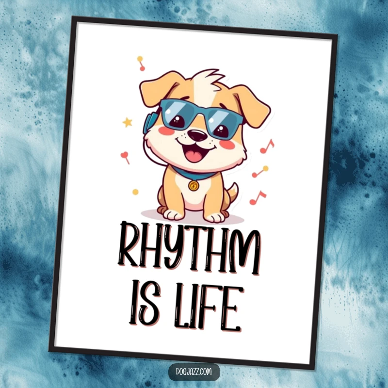 Funny dog digital art print of cheerful dog character bopping head to groovy beat, perfect for music lovers seeking humorous decor.