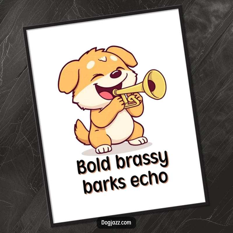Funny dog digital art print of an energetic dog playing a trumpet, ideal for instant, humorous wall decoration.