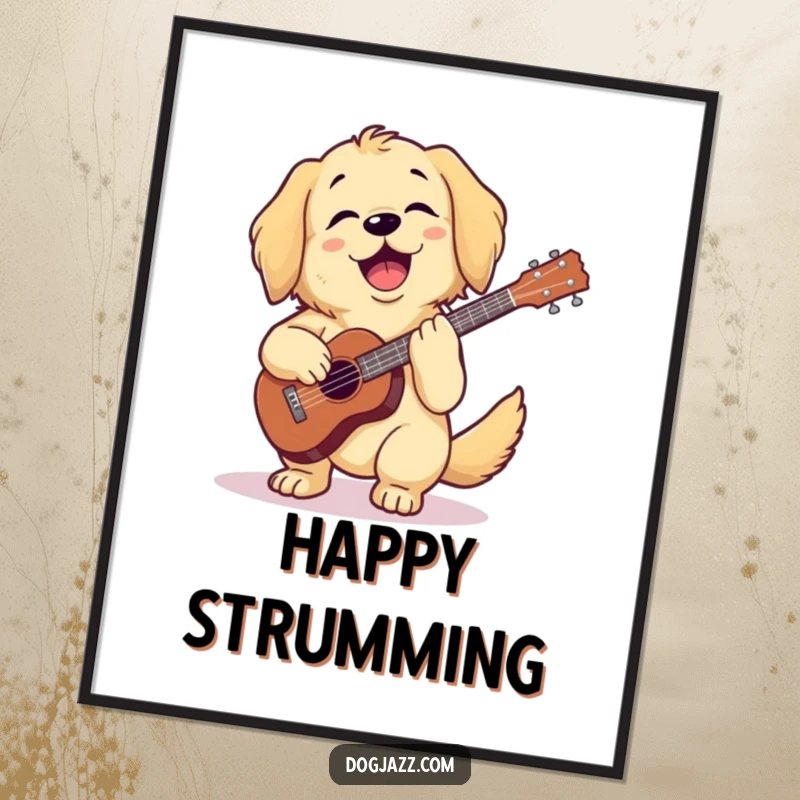 Funny golden retriever strumming a ukulele with happiness, digital art for instant wall decor, a funny gift.