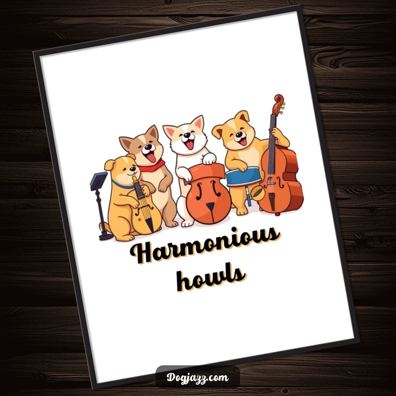 Funny jazz dog band playing instruments, digital art print, instant download for music decor.