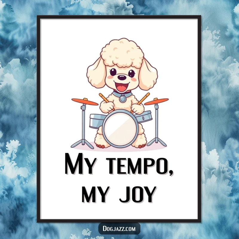 Funny poodle digital art print of a joyful dog energetically playing a tiny drum set, full of musical spirit.