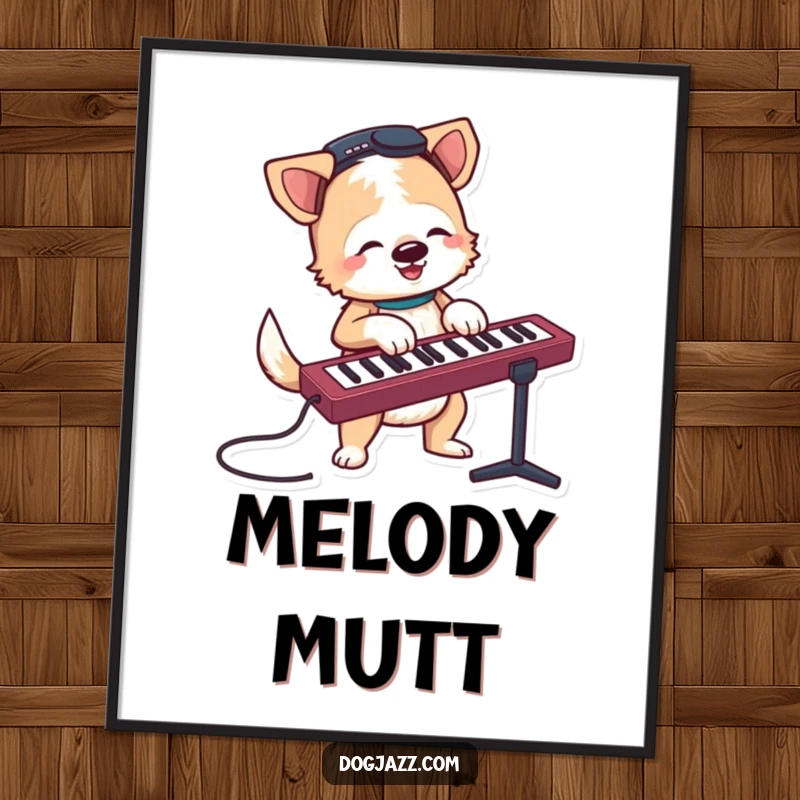 Funny terrier character jamming on a keyboard with a wagging tail, humorous music digital art.
