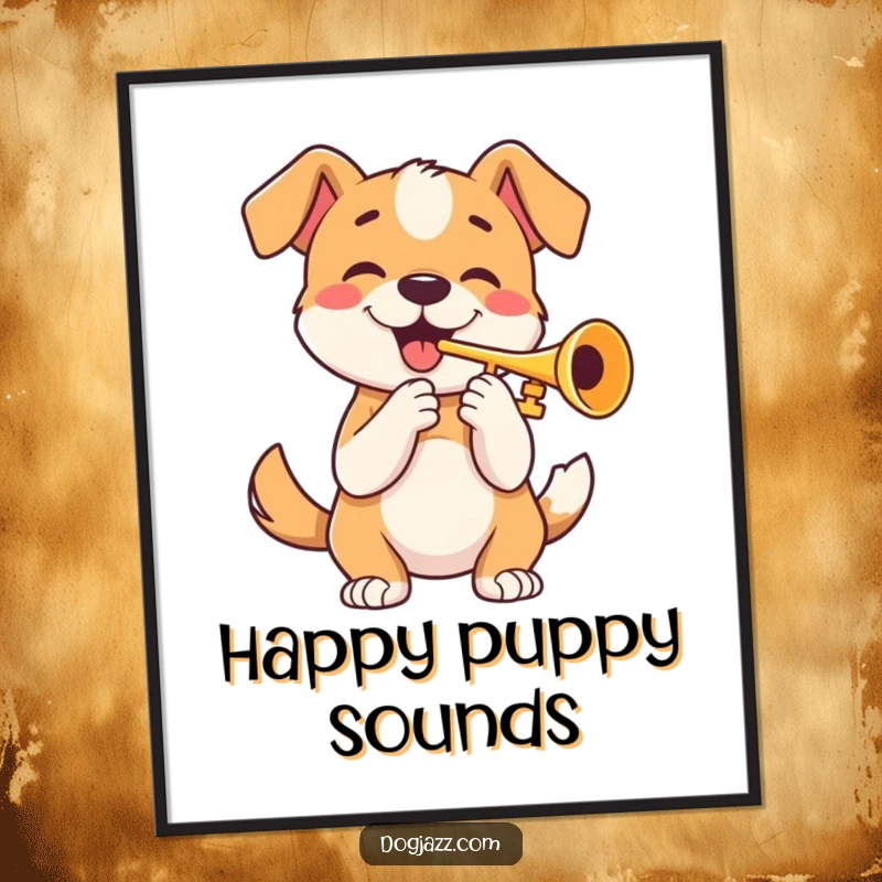 Funny digital art print of a happy dog playing a trumpet with a wagging tail, offering instant musical humor.