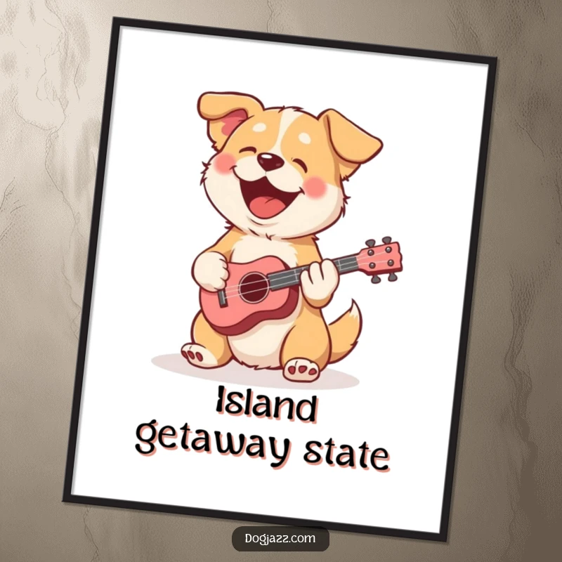 Funny dog digital art print of a dog joyfully playing a ukulele, perfect for a music-themed room.