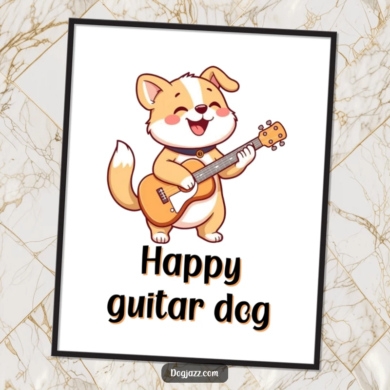 Funny digital art print of a cheerful dog character strumming a guitar with a wagging tail, downloadable humor.