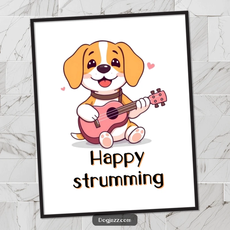 Funny beagle digital art print of a happy dog joyfully strumming a ukulele, radiating pure musical happiness.
