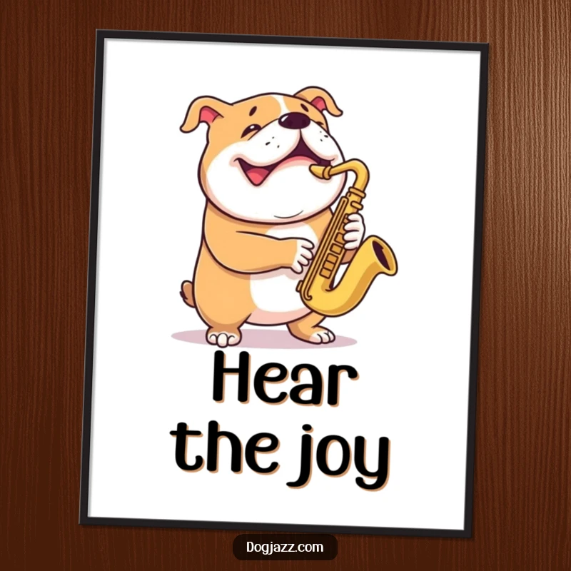 Funny bulldog digital art print of a grinning dog passionately playing the saxophone, radiating musical joy.