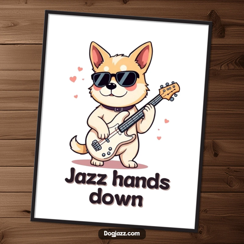 Funny Digital Art Print of a stylish dog playing a jazz bass with a cool demeanor, embodying smooth jazz and artistic flair.
