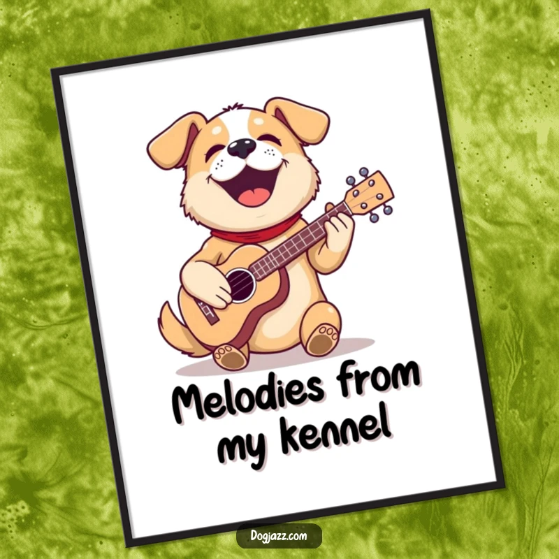 Funny dog digital art print of a dog playing a ukulele, ideal for instant, humorous wall decor.
