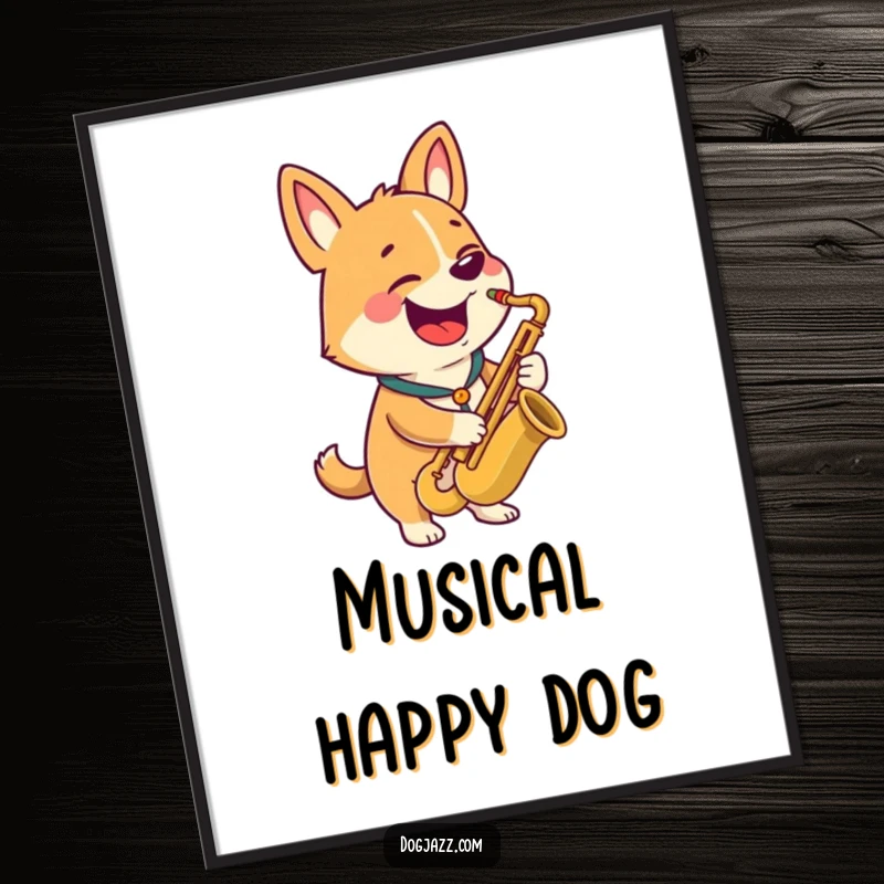 Funny digital art print of a happy dog character playing a saxophone with a wide grin, downloadable humor.