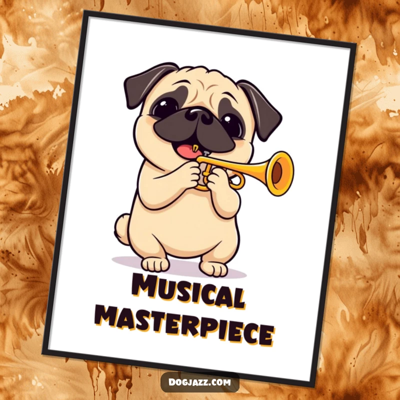 Funny pug playing a cheerful trumpet solo, a vibrant digital art file for printing and framing. Instant joy for any space.