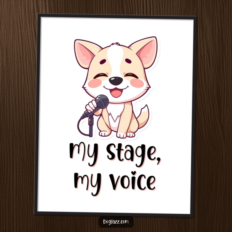Funny dog crooning into a microphone with closed eyes, a digital art print full of musical passion and emotion.
