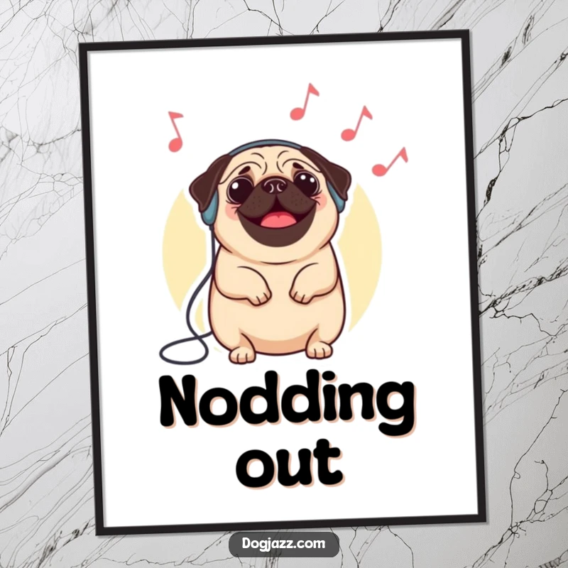 Funny pug digital art print of a happy pug wearing headphones and nodding to imaginary jazz, full of rhythm and joy.