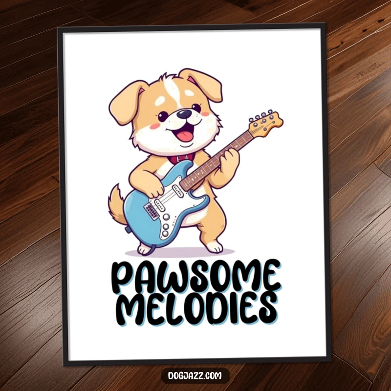 Funny kawaii dog digital art print with a gleeful pup shredding an electric guitar, adding energetic rock vibes.