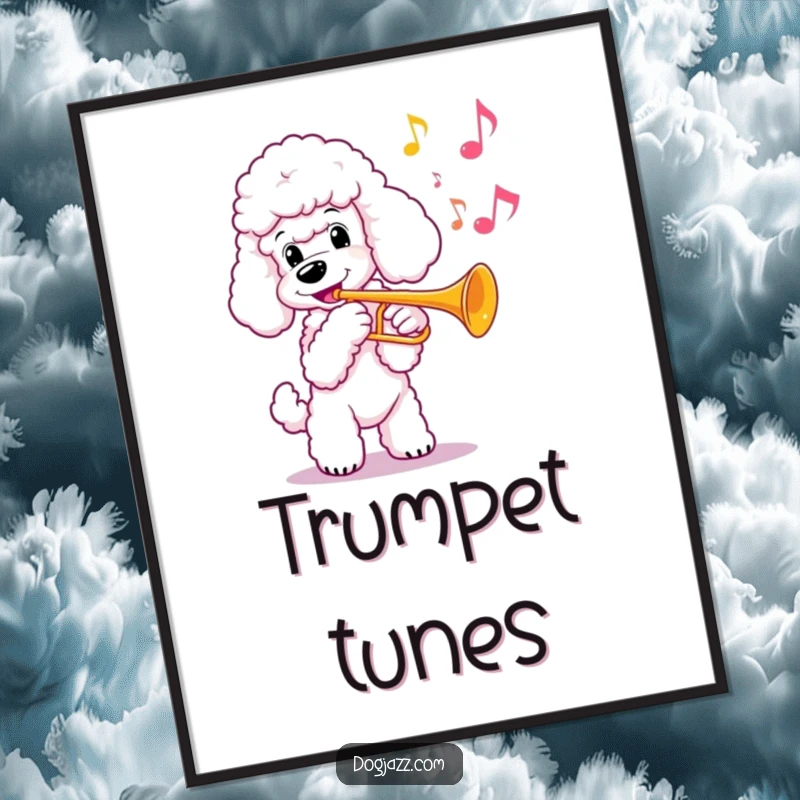 Funny poodle playing a trumpet with beautiful musical notes, elegant digital art, a perfect funny gift.