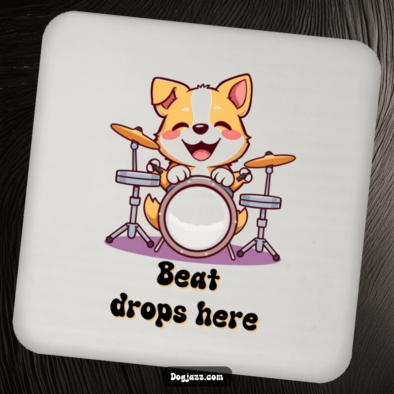 Funny dog coaster with a happy dog joyfully pounding on a drum kit, protecting surfaces with musical charm.