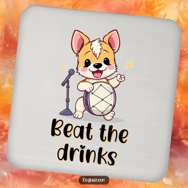 Funny Terrier Drummer Coaster depicting an energetic terrier playing drums, adding musical humor and surface protection.