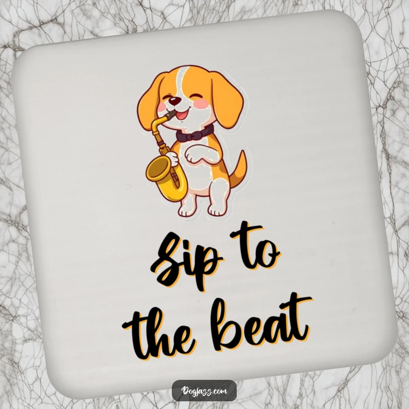 Funny beagle dog playing a saxophone, guarding a drink, on a stylish coaster, a great funny gift.