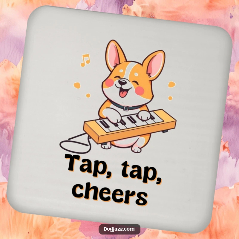 Funny Corgi drink coaster featuring a corgi character typing on a keyboard, a humorous accessory for any table.