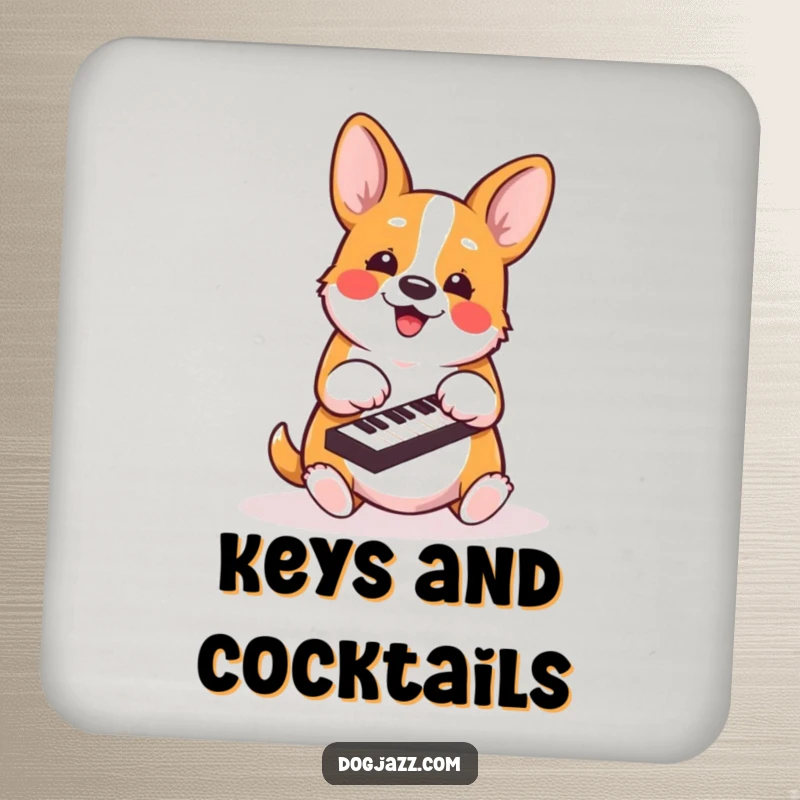 Funny corgi coaster depicting an energetic dog playing piano keys with its paws, protecting surfaces with charm.