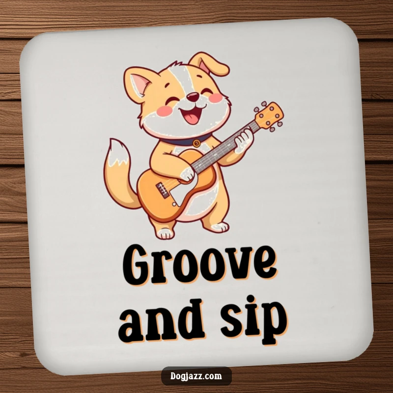 Funny drink coasters featuring a cheerful dog character strumming a guitar with a wagging tail, practical humor.