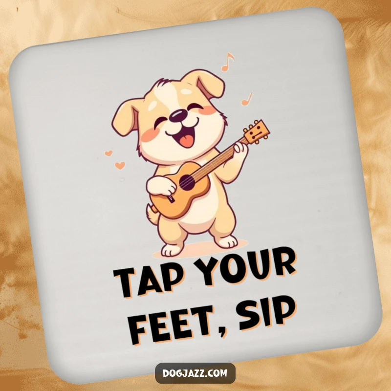 Funny drink coasters featuring a dog character bopping its head to a cool jazz rhythm, practical humor.