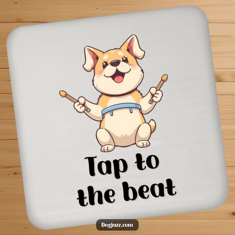 Funny Coaster: an energetic dog tapping drumsticks, adding a charming, rhythmic touch to your drink station.