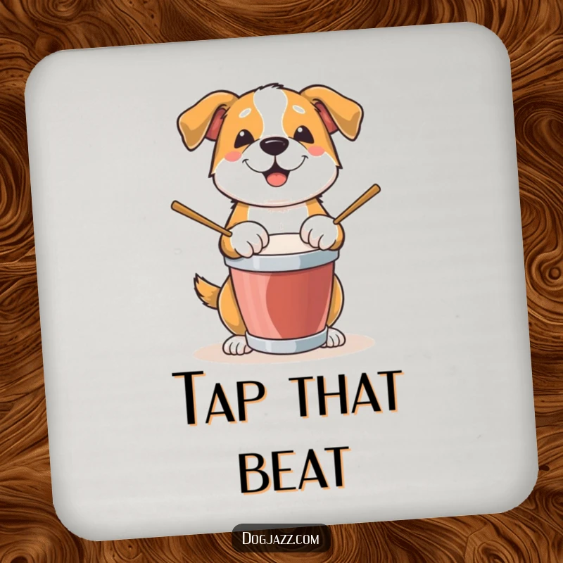 Funny Dog Coaster: A dog energetically drums, protecting surfaces with musical style and humor.