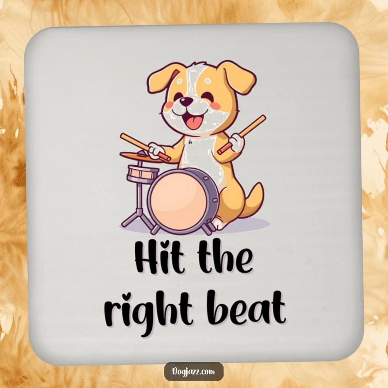 Funny dog energetically playing drums with sticks in paws, a rockstar accessory for any drink coaster.