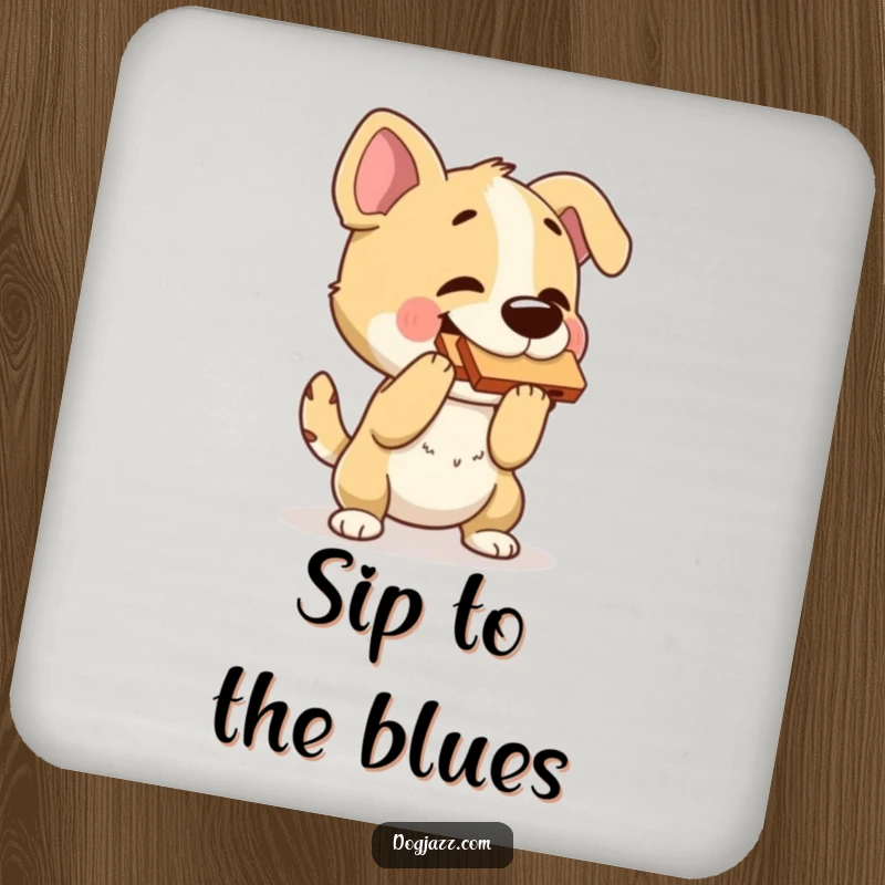 Funny dog drink coasters featuring a dog playing a harmonica and bopping its head, protecting surfaces with musical humor.