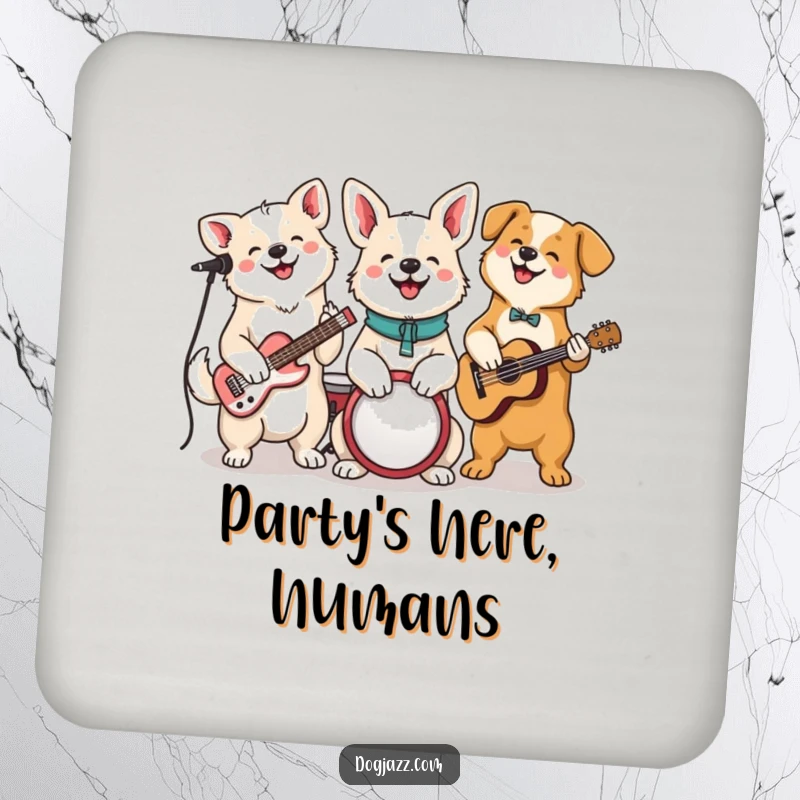 Funny Dog Jam Session Drink Coaster, a cheerful dog band plays instruments, protecting surfaces with musical fun.