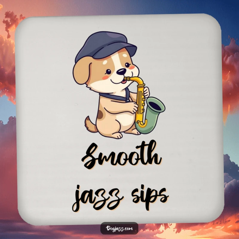 Funny dog saxophone coasters with a cool dog playing jazz music, protecting surfaces with musical flair.