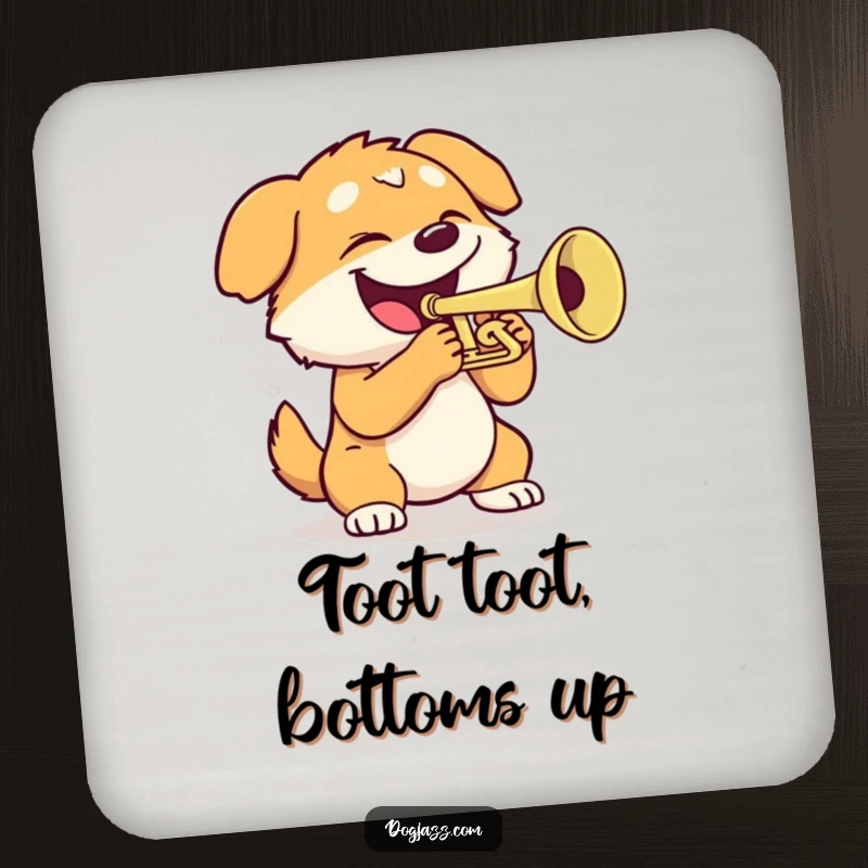 Funny dog drink coasters with a dog playing a trumpet, protecting surfaces with a cheerful and musical design.