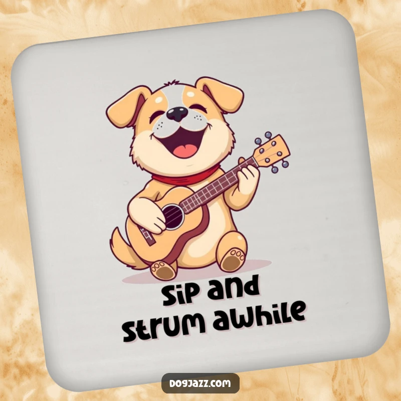 Funny dog drink coasters featuring a dog playing a ukulele, protecting surfaces with a humorous musical design.