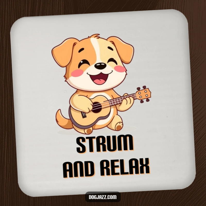 Funny dog energetically strumming a ukulele with a smile, a musical accent for any drink coaster.