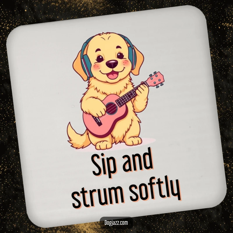 Funny Golden Retriever Ukulele Coaster: A cool golden retriever wearing headphones, strumming a ukulele, adding chill music vibes to any surface.
