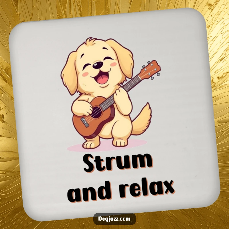 Funny golden retriever playing ukulele on drink coasters, adding sunshine, a great funny gift.