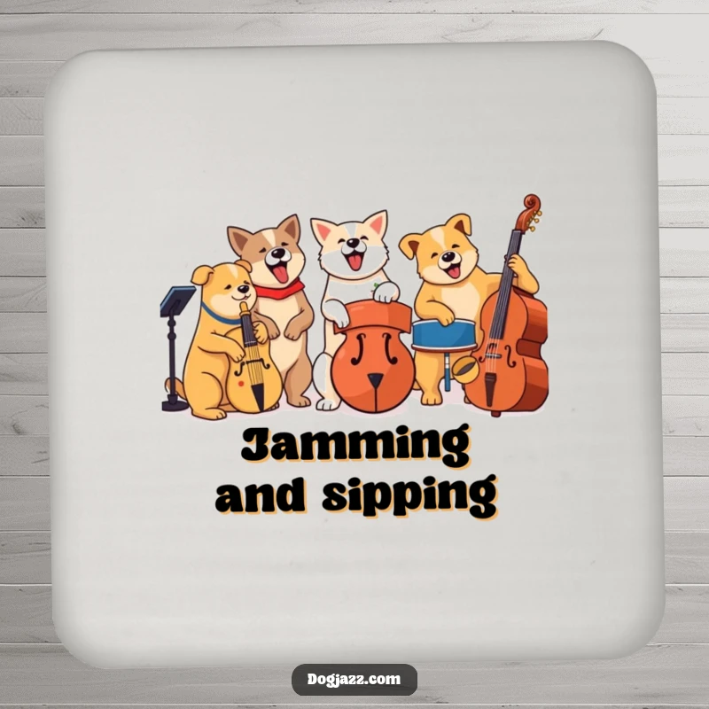 Funny jazz dog band playing instruments, set of coasters, adding musical flair and protection.
