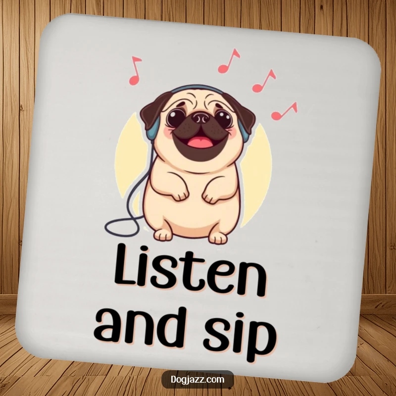Funny pug drink coasters featuring a happy pug in headphones, nodding to imaginary jazz, a humorous addition to any table.