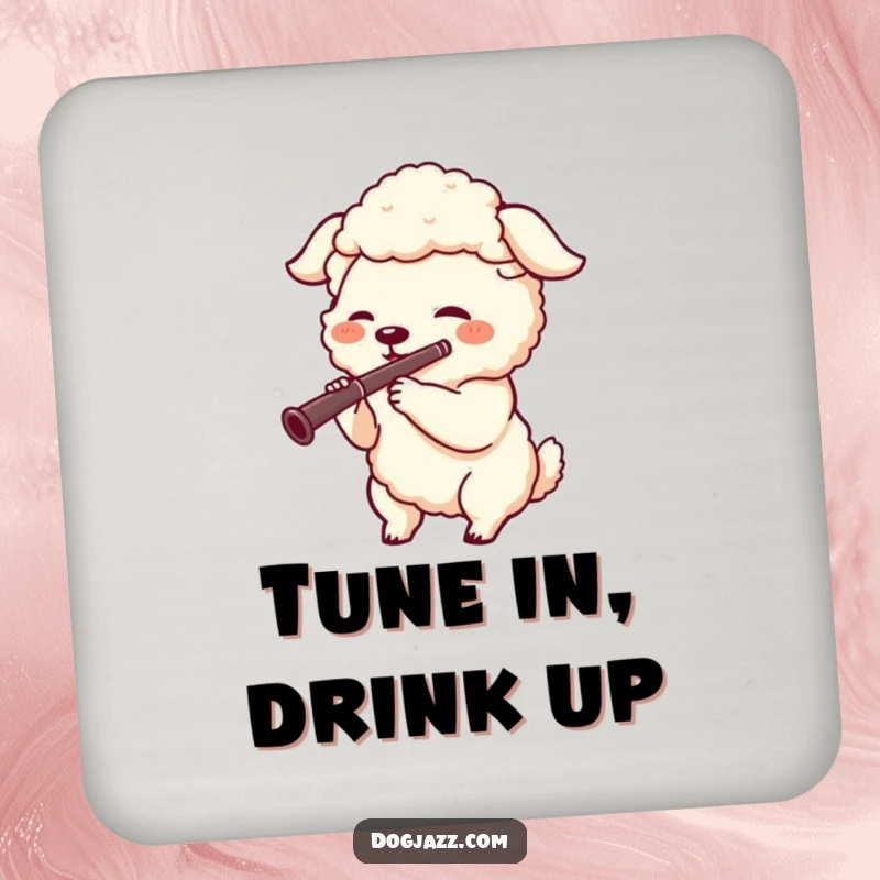 Funny drink coaster featuring a joyful sheepdog character playing a clarinet, adding a musical and humorous touch.