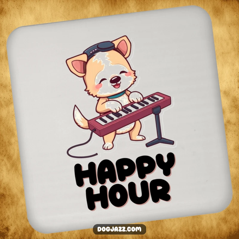 Funny terrier character jamming on a keyboard with a wagging tail, a small and humorous drink coaster.