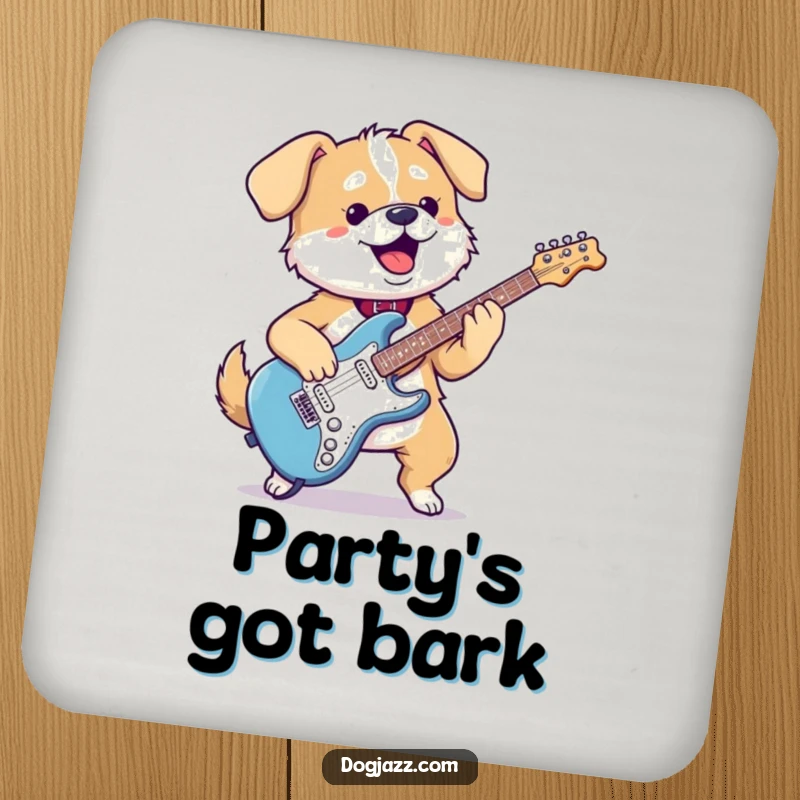 Funny kawaii dog coaster with a gleeful pup playing an electric guitar, protecting surfaces with musical charm.