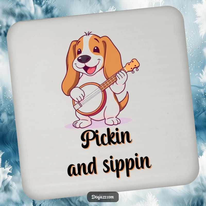Funny Basset Hound Banjo Coaster: A basset hound with long ears, joyfully playing a banjo, adding rustic charm to any surface.
