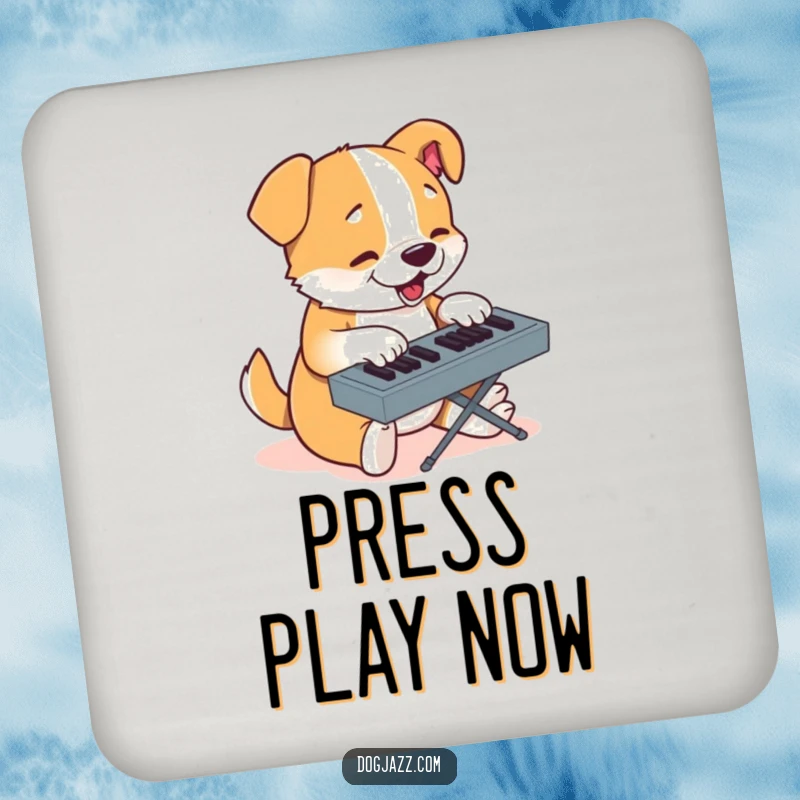 Funny drink coaster with a determined cartoon dog typing on a keyboard, protecting surfaces.