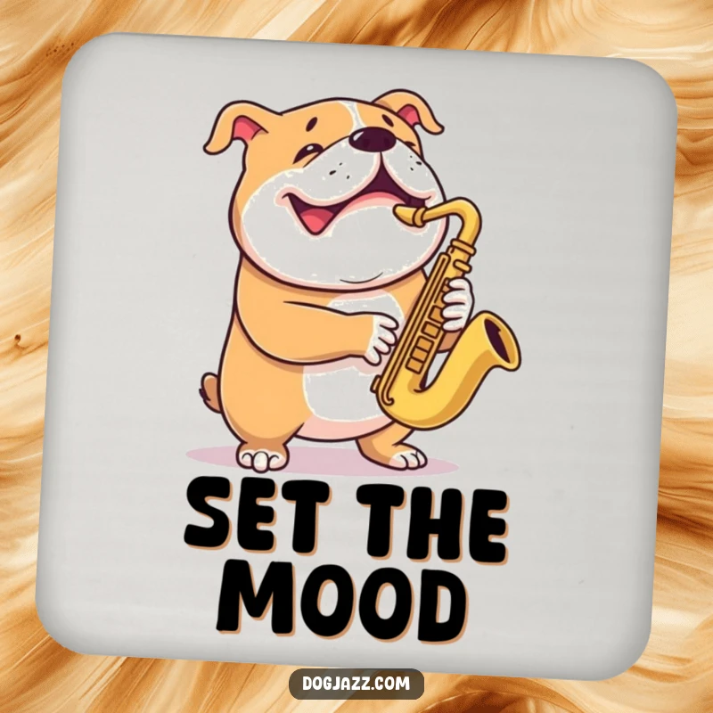 Funny bulldog coaster depicting a grinning dog enthusiastically playing the saxophone, protecting surfaces with musical flair.