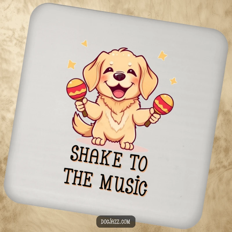 Funny Golden Retriever Coaster: A set of coasters showing a happy golden retriever shaking maracas, ideal for drinks.