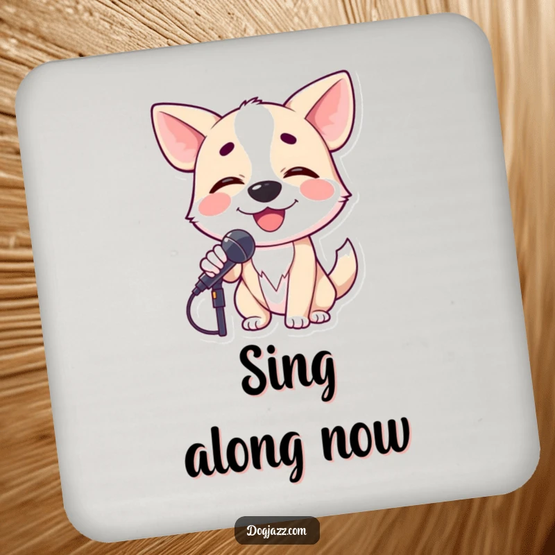 Funny dog crooning into a microphone with closed eyes, a musical accent for any drink coaster.