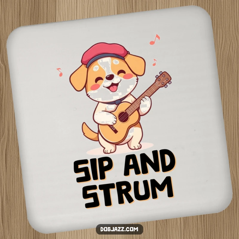 Funny French Dog Guitar Coaster depicting a beret-wearing dog playing guitar, adding musical humor and surface protection.
