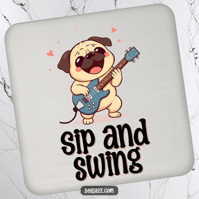 Funny drink coaster featuring an excited pug character playing a jazz guitar, adding a musical and humorous touch.
